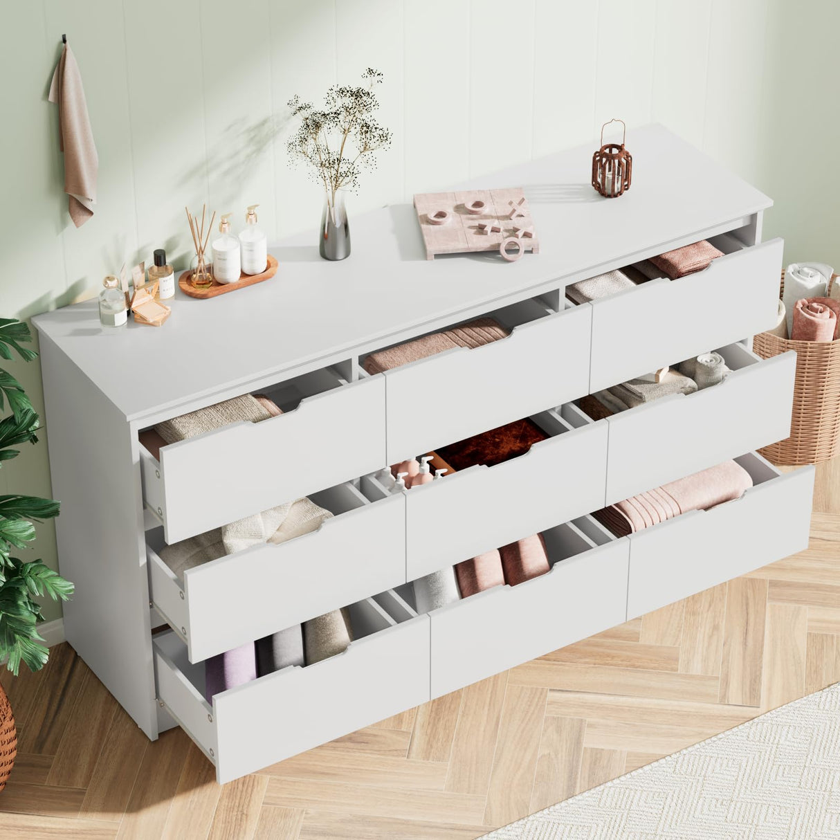 CARPETNAL 9 Drawer White Dresser for Bedroom with Deep Drawers, Large Dressers & Chest of Drawers Handle Free, Modern Long Dressers for Closet Bedroom, Living Room (59.25" W x 15.9" D x 31.9" H) CARPETNAL