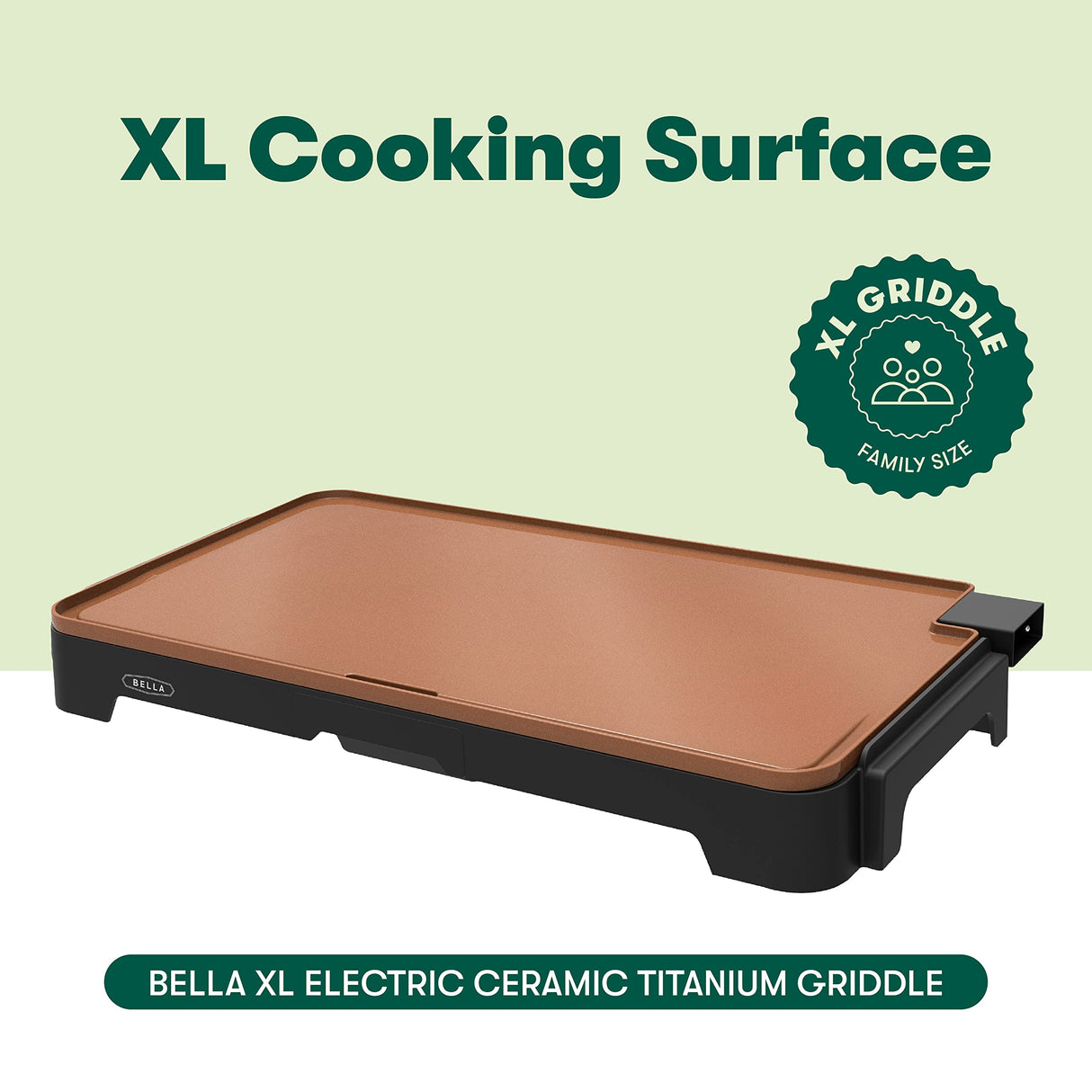 BELLA XL Electric Ceramic Titanium Griddle, Make 15 Eggs At Once, Healthy-Eco Non-stick Coating, Hassle-Free Clean Up, Large Submersible Cooking Surface, 12" x 22", Copper/Black BELLA