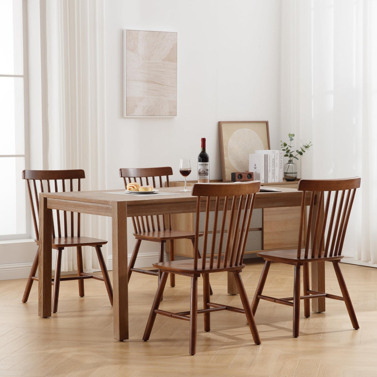 LZAREAL Farmhouse Dining Chairs Set of 2 Wooden Kitchen Chairs Mid Century Modern Spindle Chair French Country Windsor Dining Chairs for Dinning Room Kitchen Restaurant Bar Canteen Library, Walnut LZAREAL