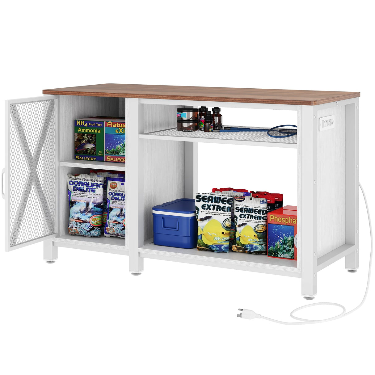 DWVO Heavy Duty Metal Aquarium Stand with Power Outlets, Cabinet for Fish Tank Accessories Storage - Suitable for 55-75 Gallon Fish Tank Stand, Turtle Tank, 860LBS Capacity, White & Walnut DWVO