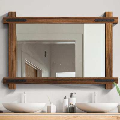 YOSHOOT Farmhouse Wood Bathroom Mirror, 32"x24" Rustic Wall Mirror, Round Corner Vanity Mirror for Decor, Vertical or Horizontal Hanging, Selected Wood, 100% Handmade