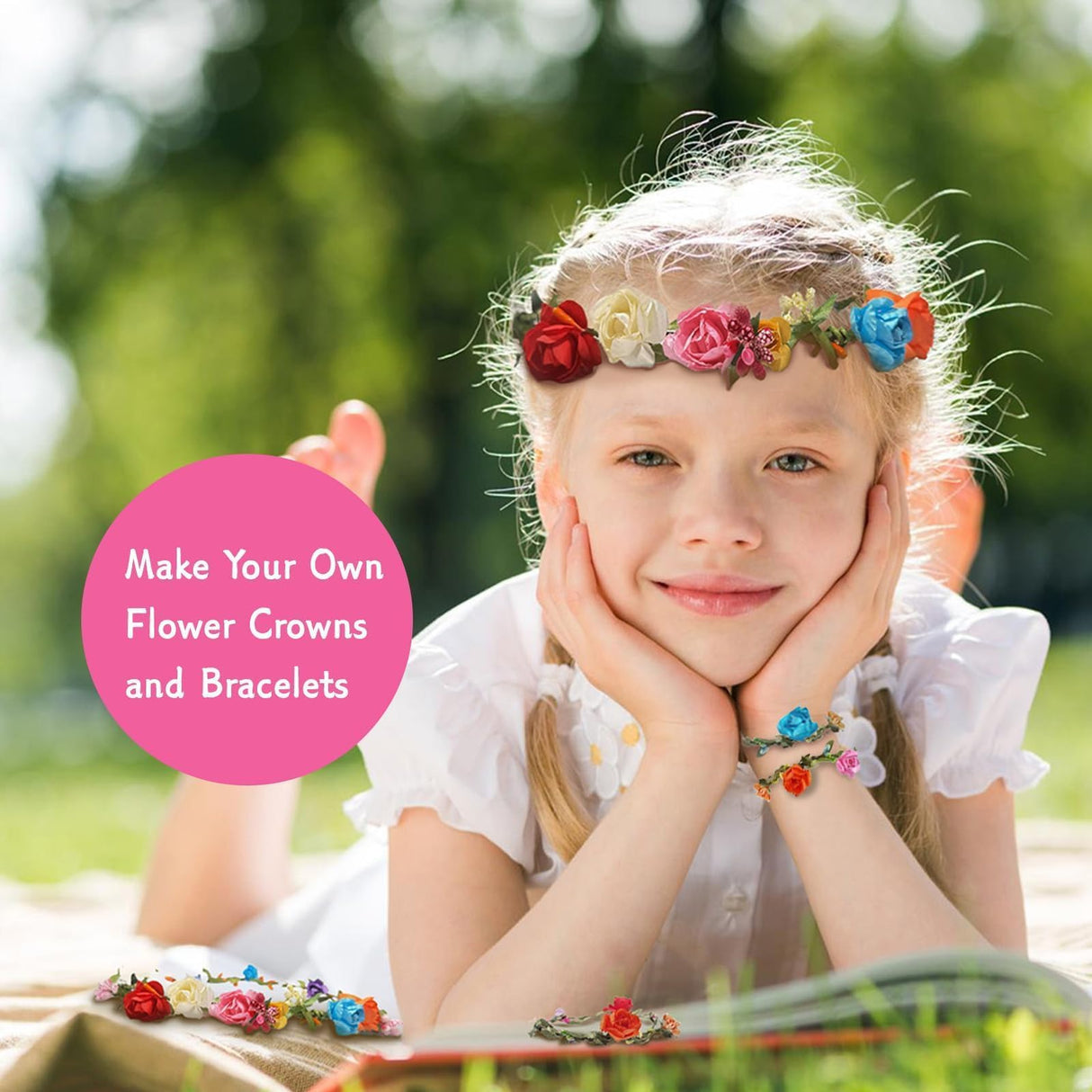 EggSun Flower Crown Making Kit for Girls Kids Gift Women Tea Party Craft Bracelet DIY Fairy Flower Crown Kit Kids Birthday Gift Floral Hair Arts Crafts Spring Easter Gift for Girls 5 6 7 12 Year Old EggSun