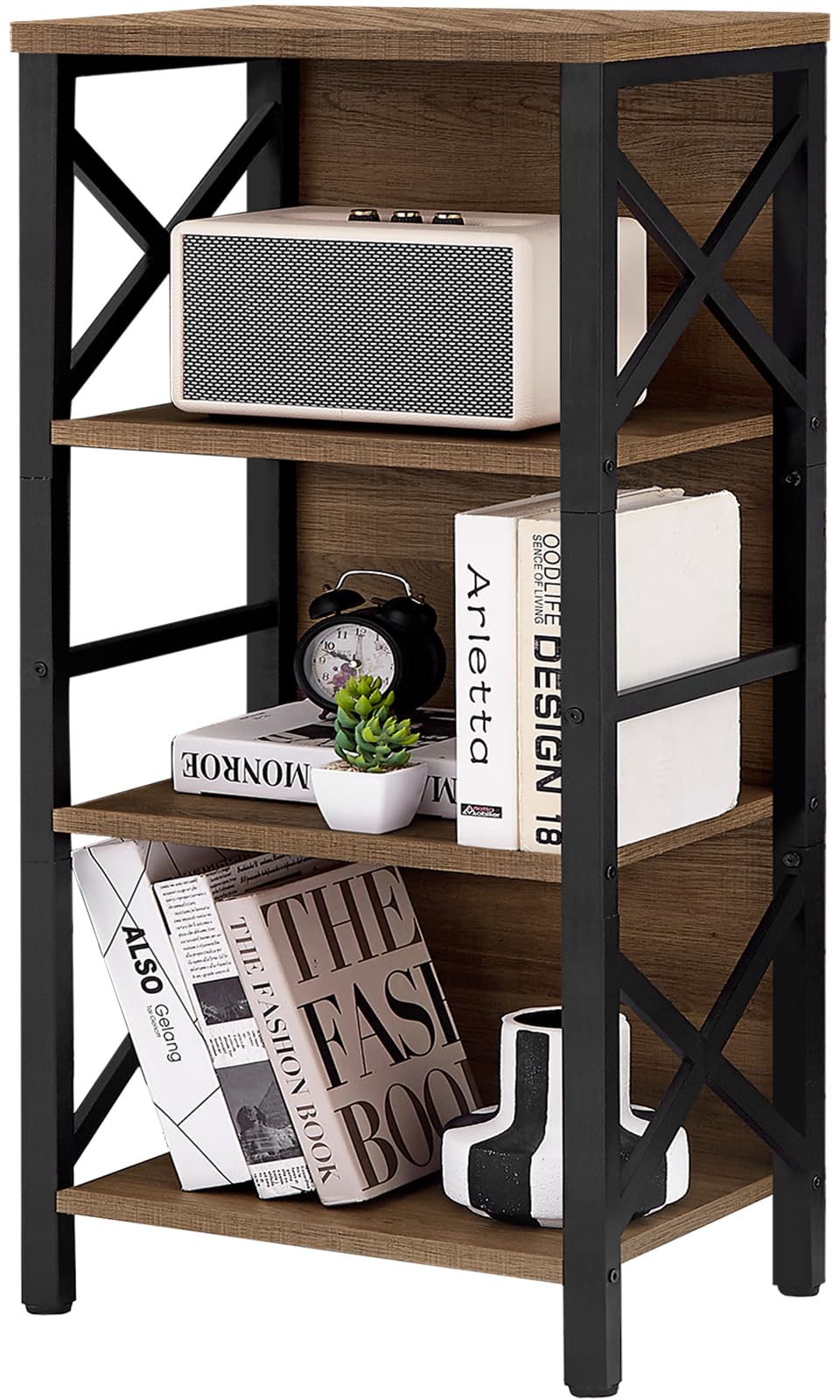 MNEETRUNG Small Bookshelf,4 Tier Industrial Bookcase with Metal Frame and Backboard,Narrow Rustic Brown Book Shelf,Book case for Small Spaces,Living Room,Bedroom and Home Office