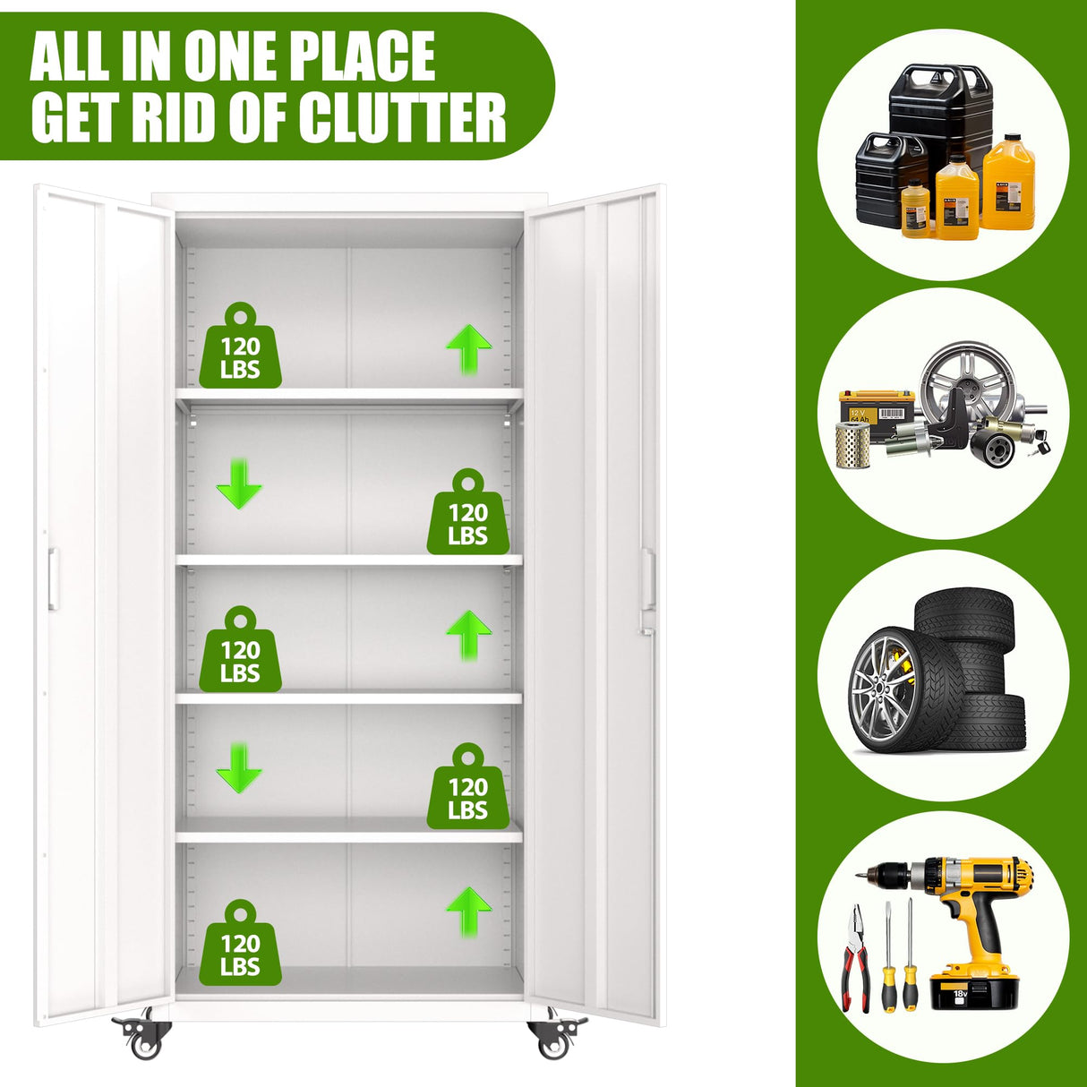 JAORD Garage Storage Cabinets with Wheels, Metal Storage Cabinet with Locking Doors and 4 Adjustable Shelves for Garage Home, Assembly Required, 73" H, White JAORD