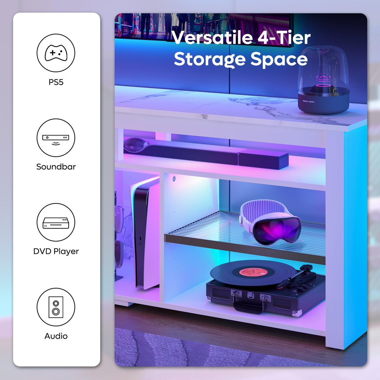Bestier TV Stand for 65/70 inch TV, Tall Entertainment Center with 2 Led Lights, Gaming TV Console with Storage for PS5, Modern TV Cabinet for Bedroom, Living Room, White Marble Bestier