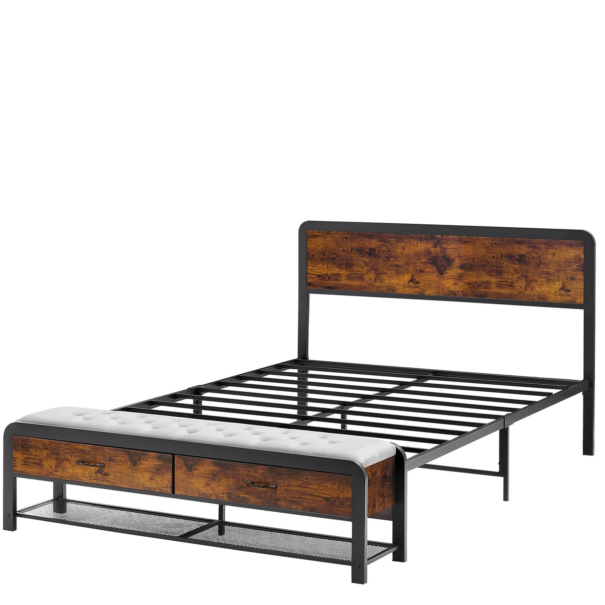 SLEKVERSA Queen Bed Frame with Headboard and Storage Ottoman, Farmhouse Platform Bed Frame Queen Size with Sturdy Metal Slats, No Box Spring Needed, Noise Free, Easy Assembly SLEKVERSA