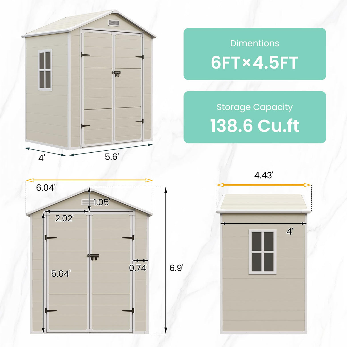 UDPATIO Outdoor Storage Shed 6x4.5 FT, Plastic Resin Outside Sheds & Outdoor Storage for Trash Can, Bike, Lawnmower, Generator, Tool Shed with Lockable Door for Backyard, Lawn, Patio, Sandstone UDPATIO