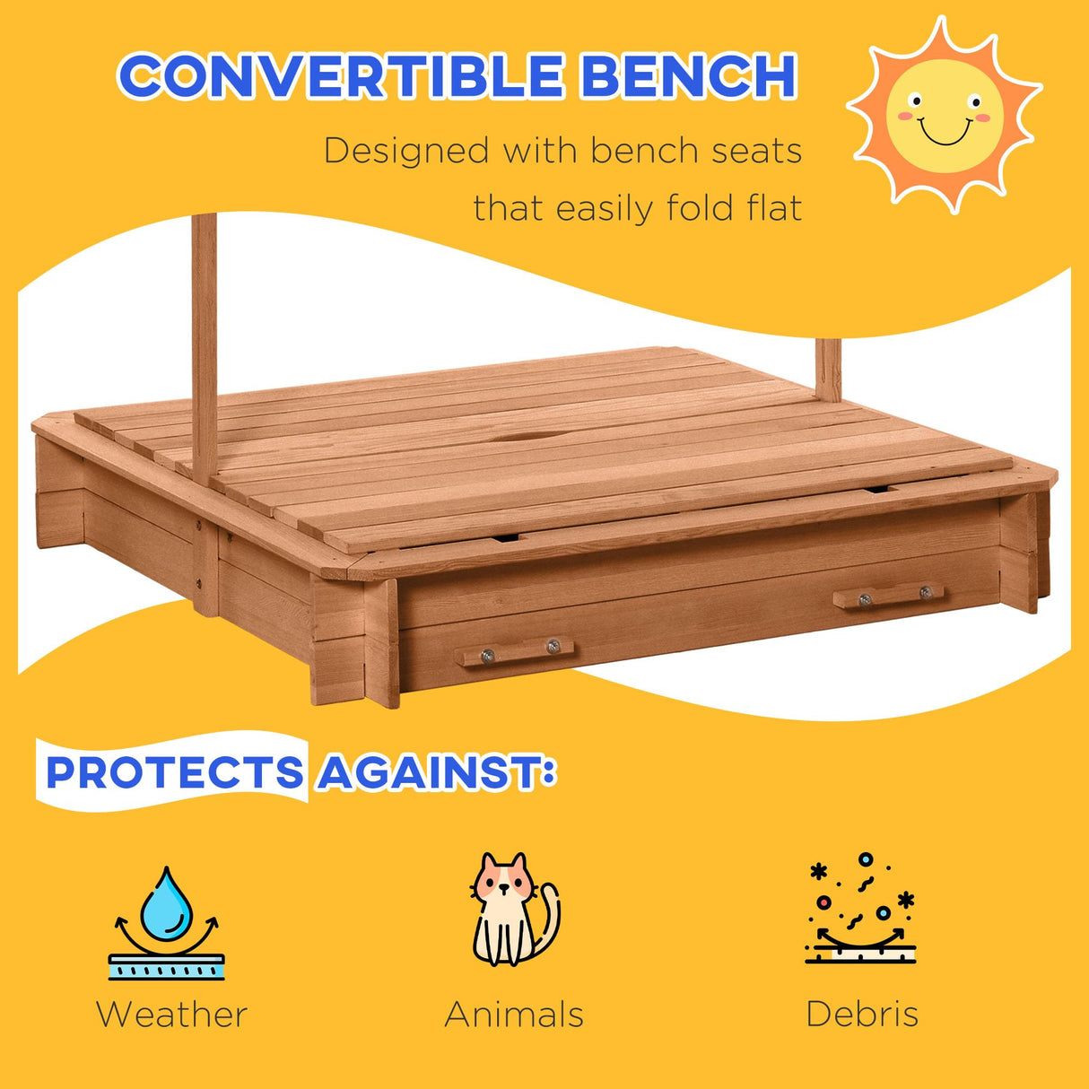 Outsunny Wooden Kids Sandbox with Cover, Children Outdoor Sand Box with Foldable Bench Seats, Adjustable Canopy, Bottom Liner for Outdoor, Red Outsunny
