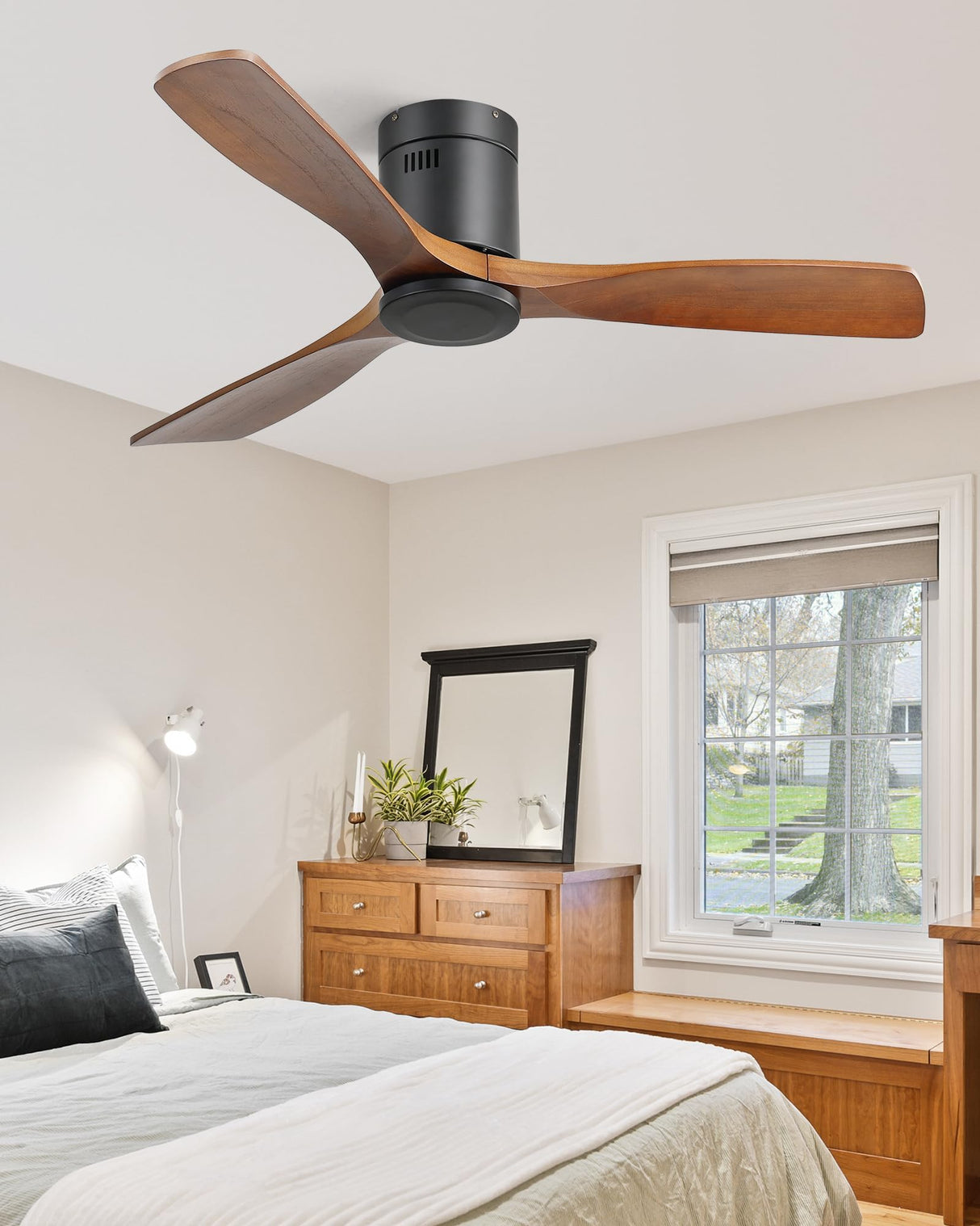 CACI Mall 52 Inch Flush Mount Wood Ceiling Fan without Light,Low Profile,Modern,6 Speed,3 Blades Timer,Remote Control,Quiet Reversible DC Motor for Berdrooms, Livingroom, Patios CACI Mall