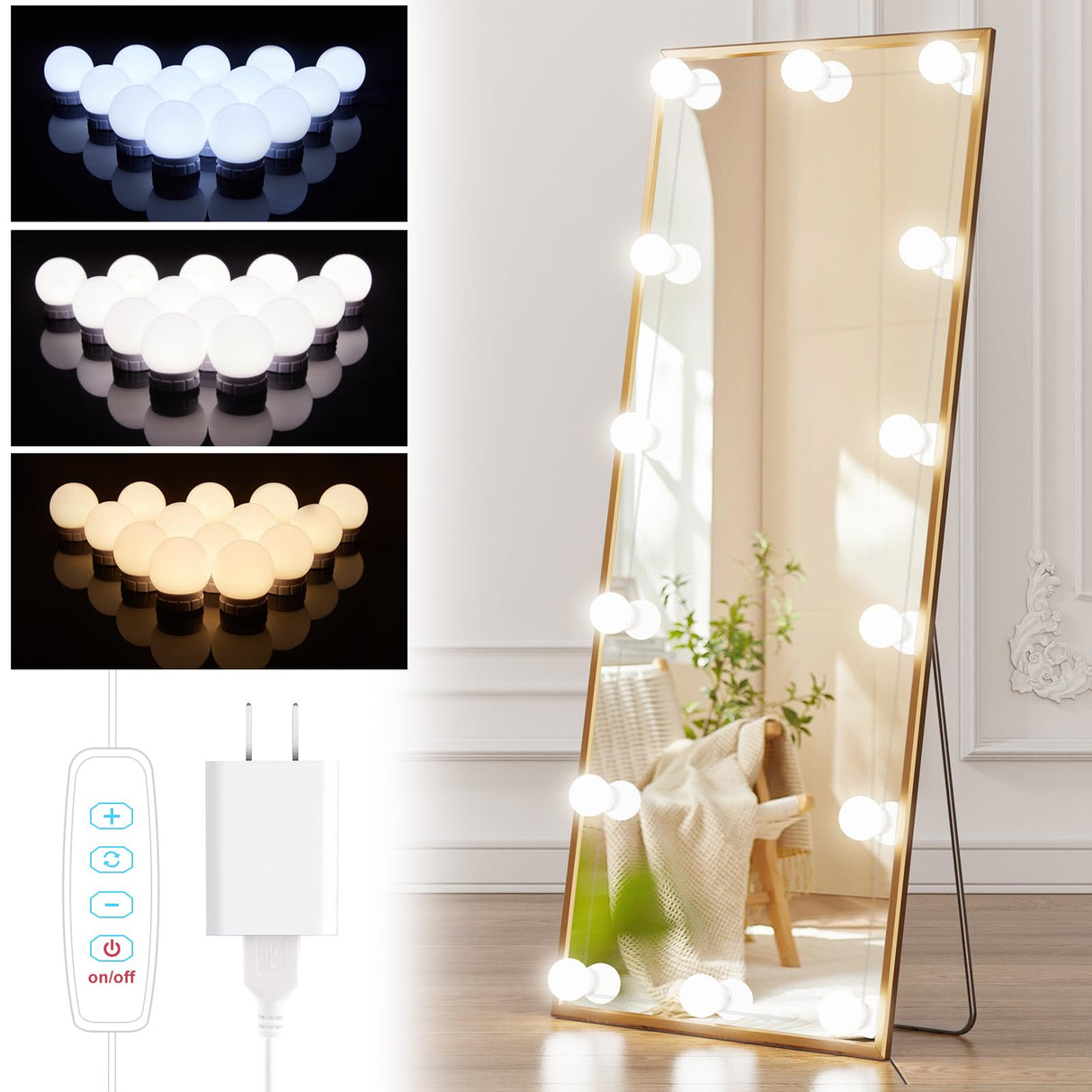 Brightown 14 Bulb Dimmable Hollywood Makeup Mirror Lights, 22Ft Adjustable Vanity Lighting Fixtures for Full Length Mirror (Mirror Not Included) Brightown