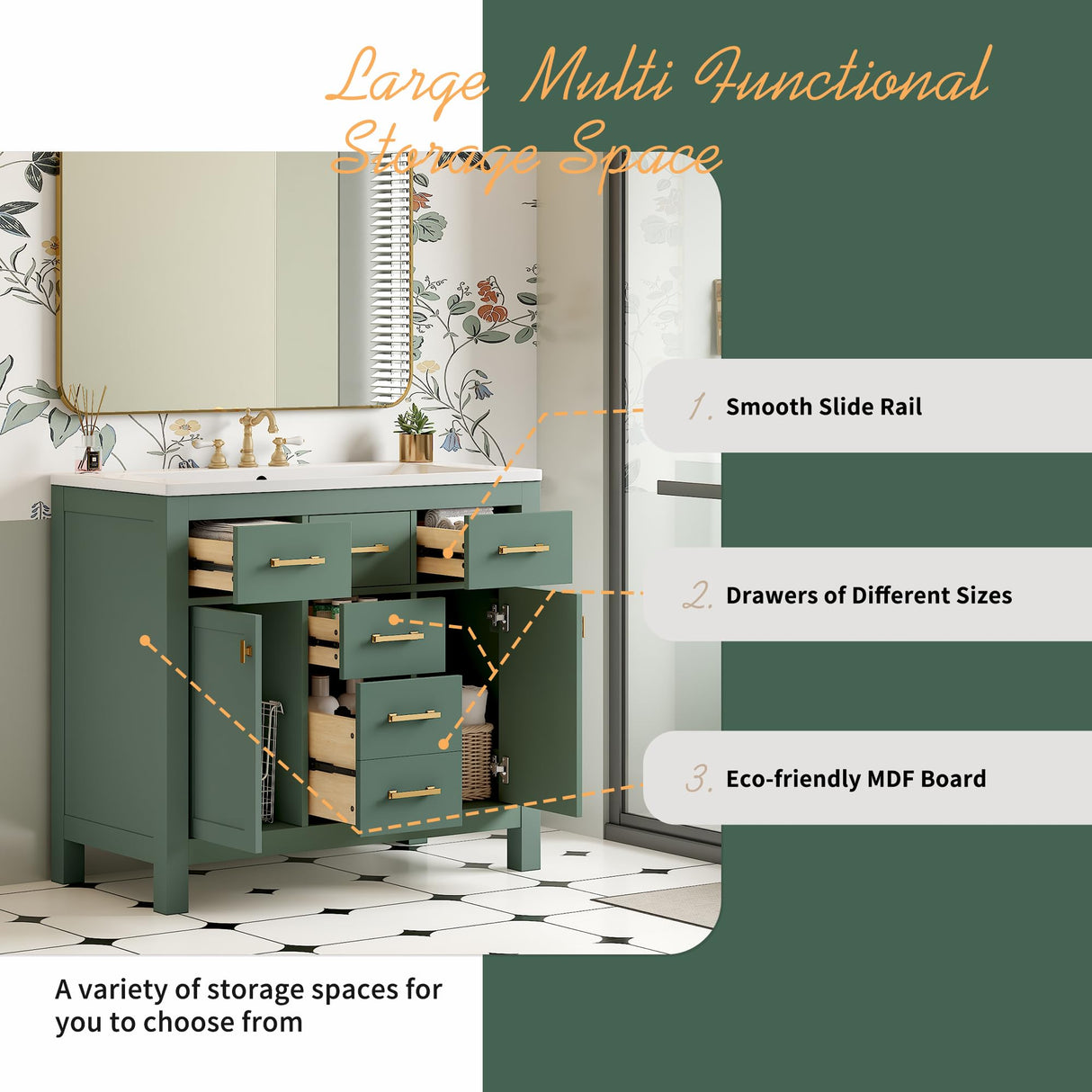 LUMISOL 36" Bathroom Vanity with Sink, Modern Green Bathroom Vanity with 4 Drawers & 2 Soft-Closing Doors, Free Standing Wooden Bathroom Cabinet with Resin Basin, Green LUMISOL