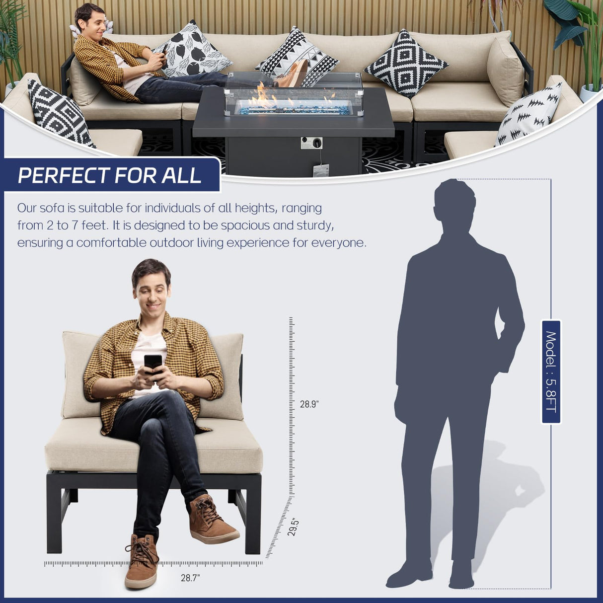 BULEXYARD 11 Piece Modern Aluminum Outdoor Patio Furniture Set with Lounger & Fire Pit Table, Extra Large All-Weather Modular Sectional Couch, 29" Wide Deep Seating Conversation Sofa for Garden, Beige BULEXYARD