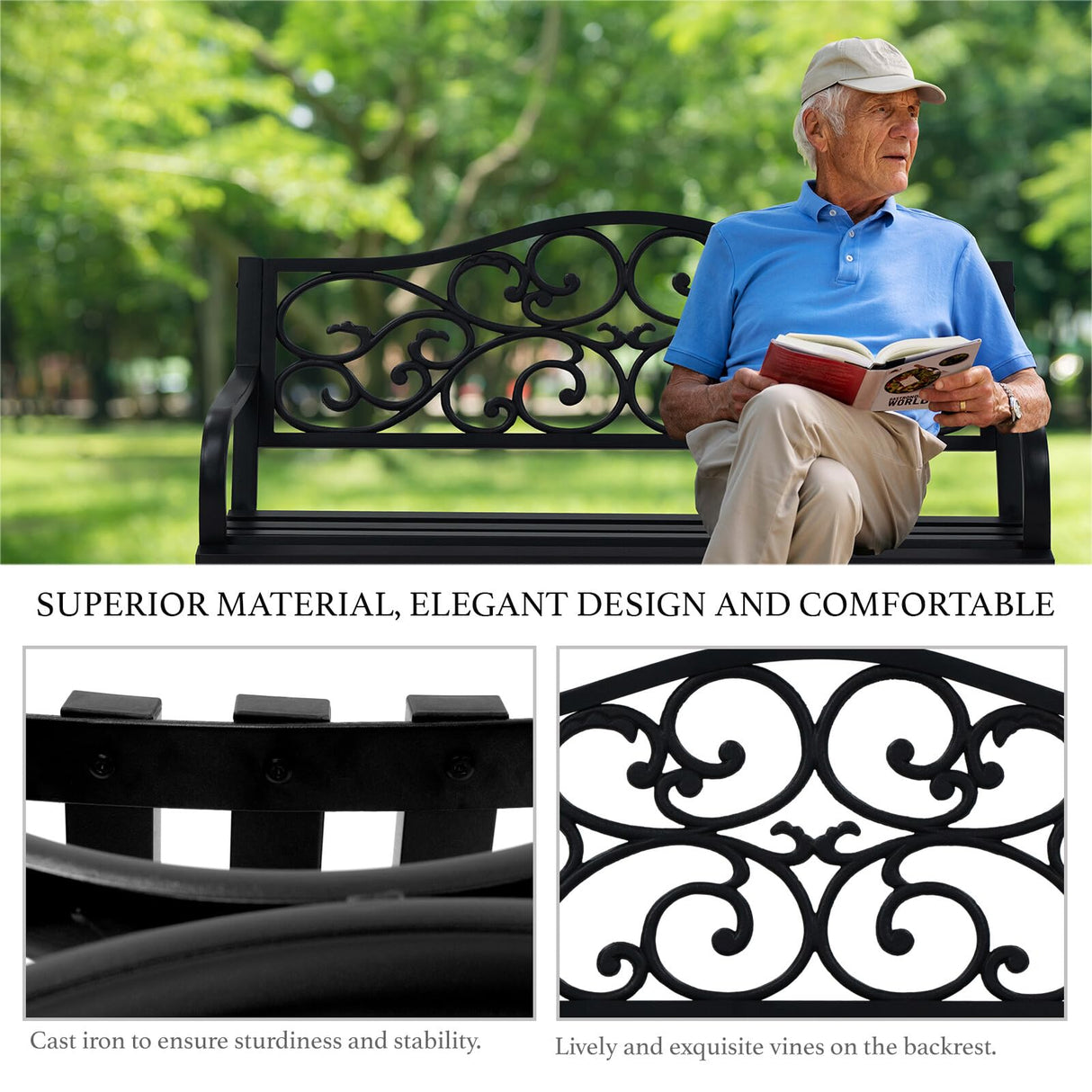 AJP Distributors 50" Outdoor Bench Garden Bench with Clouds Pattern Steel Metal Frame Park Bench Cast Iron Backrest Armrests for Patio Lawn Yard Deck Front Porch Backyard Driveway Balcony Furniture AJP Distributors