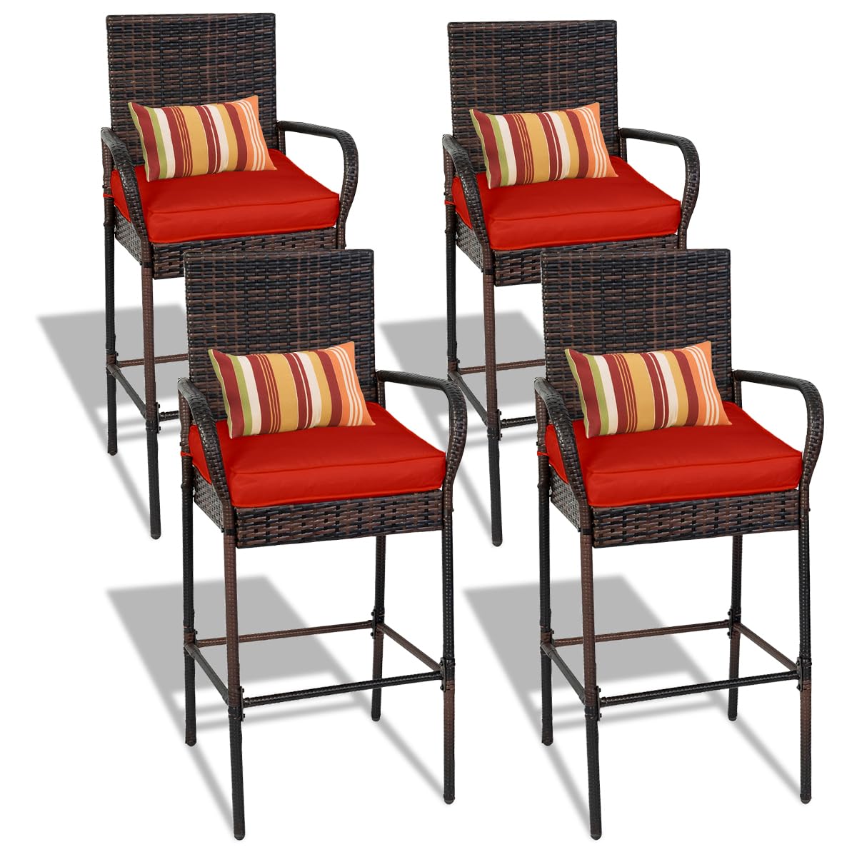 Sundale Outdoor Wicker Bar Stool Set of 4, Patio Counter Height Pub Chair with Arms, High Top Rattan Barstool, Cushion Red, All-Weather Outdoor Rattan Furniture - Steel, Brown Sundale Outdoor