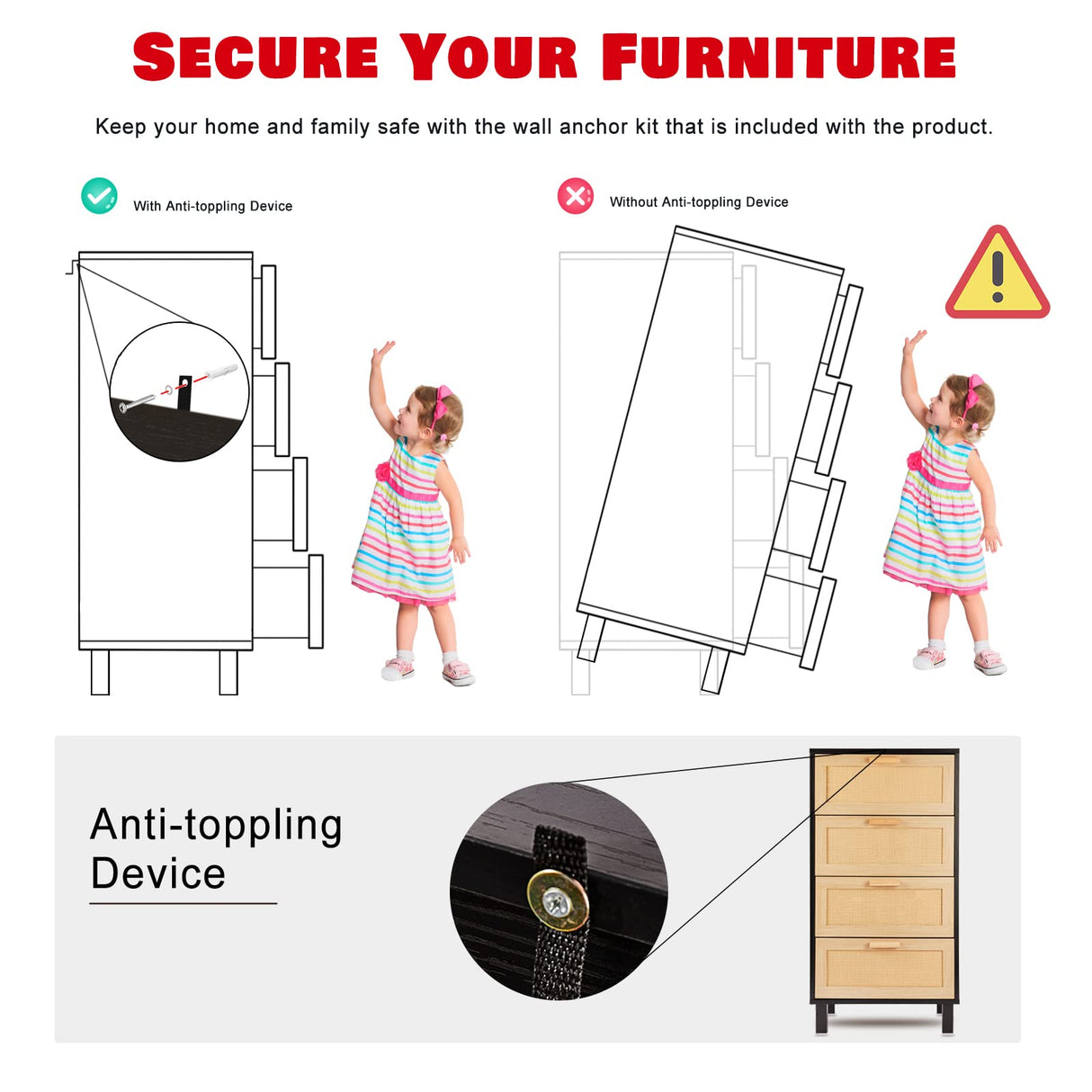 Graficial 4 Drawer Dresser, Dresser for Bedroom, Rattan Chest of Drawers, Tall Bedside Storage Dresser for Bedroom,Living Room, Black/Oak Graficial