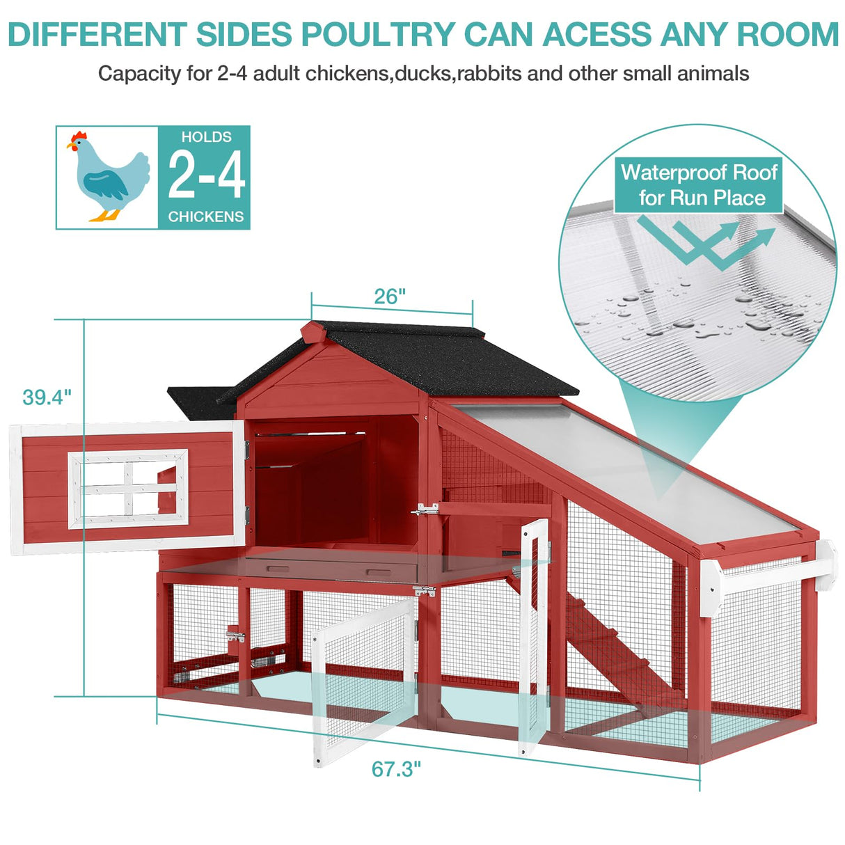 Chicken Coop, Mobile Chicken House with with Wheels, Outdoor Hen House Poultry Cage with Nesting Box, Leakproof Pull Out Tray and UV-Resistant Roof,Rabbit Hutch Duck Coop (Red) Suumerpety