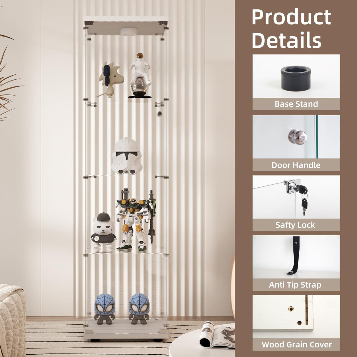 Beauty4U Glass Display Cabinet with LED Light, 4 Shelves, Curio Cabinets for Living Room, Bedroom, Office, White Floor Standing Glass Bookshelf, Quick Installation Beauty4U