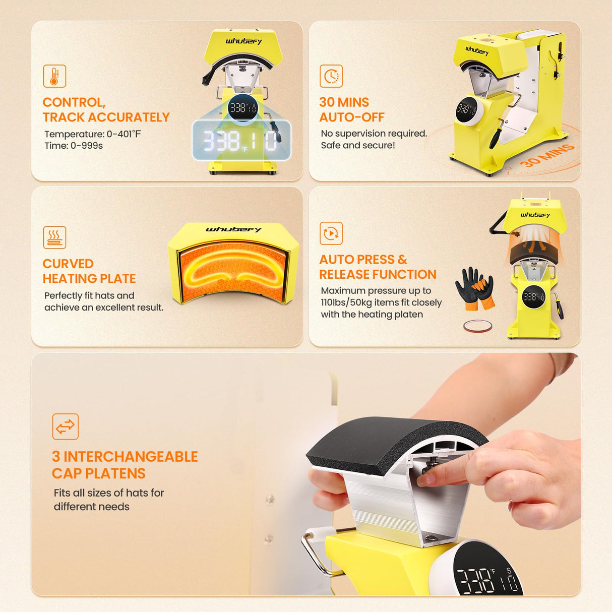 Whubefy 3in1 Hat Press Heat Machine for Caps - Auto Hat Heat Press w/3 Platens - No Crease No Stick - One-Touch Easy Press Cap Heat Press for Hats T-Shirts Small HTV Iron on Vinyl Sublimation Projects Whubefy