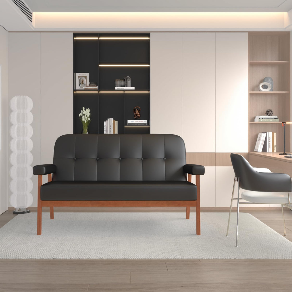 JIASTING 50” Black Leather Love Seat Sofa Couch, Mid Century Modern Small Office Loveseat Couch with Wood Arms, Two Seater Couches for Small Spaces, Living Room, Waiting Room, Bedroom (Black) JIASTING