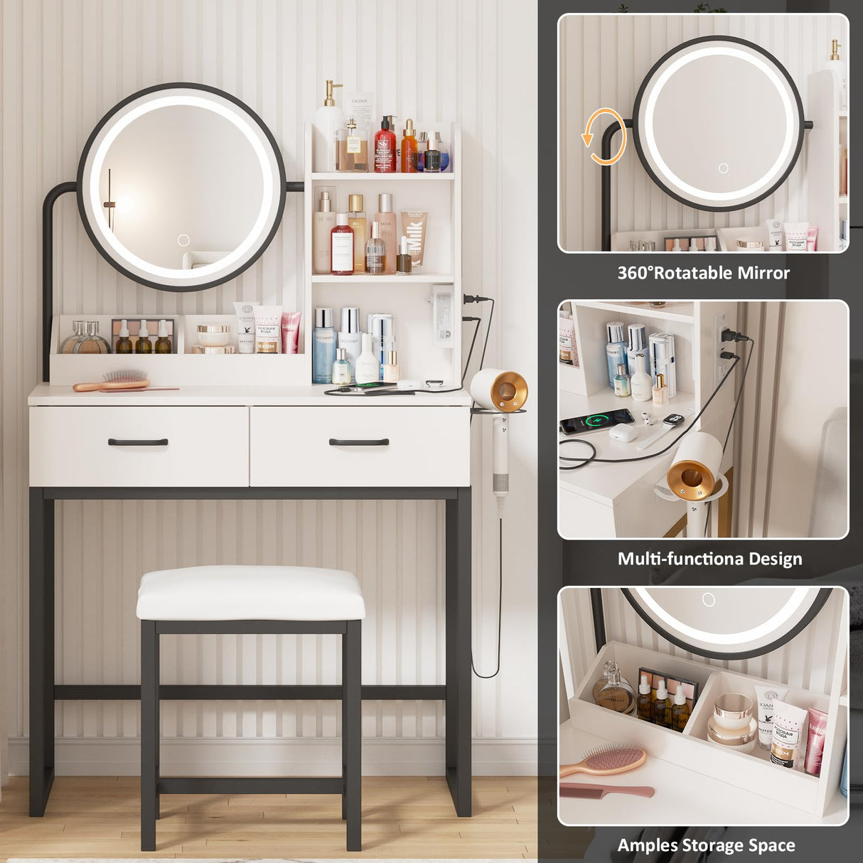 Vabches Makeup Vanity with Round Mirror and Lights, White Vanity Makeup Table with Charging Station, Small Vanity Table for Bedroom, 3 Lighting Vabches