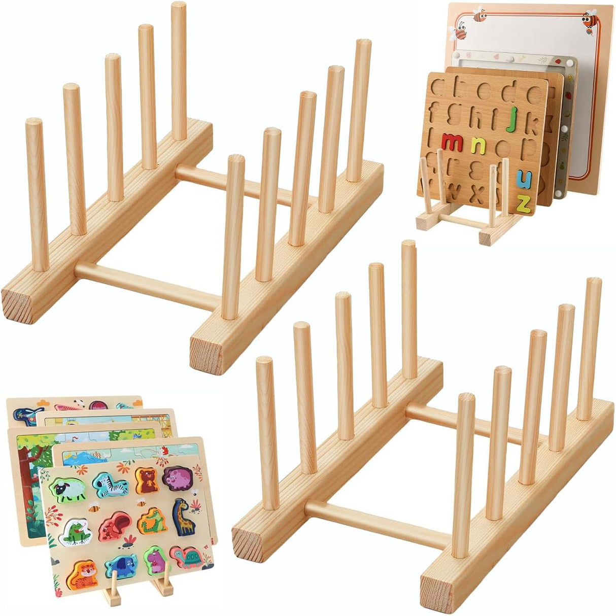 Mckkymi 2 Pcs Wooden Puzzle Display Stand-Toddler Puzzle Storage,Multifunctional Kitchen Dish Rack,Shelving for the kids,Puzzle Storage Rack Organizer Shelf for Adults Craft Collection Lovers Mckkymi