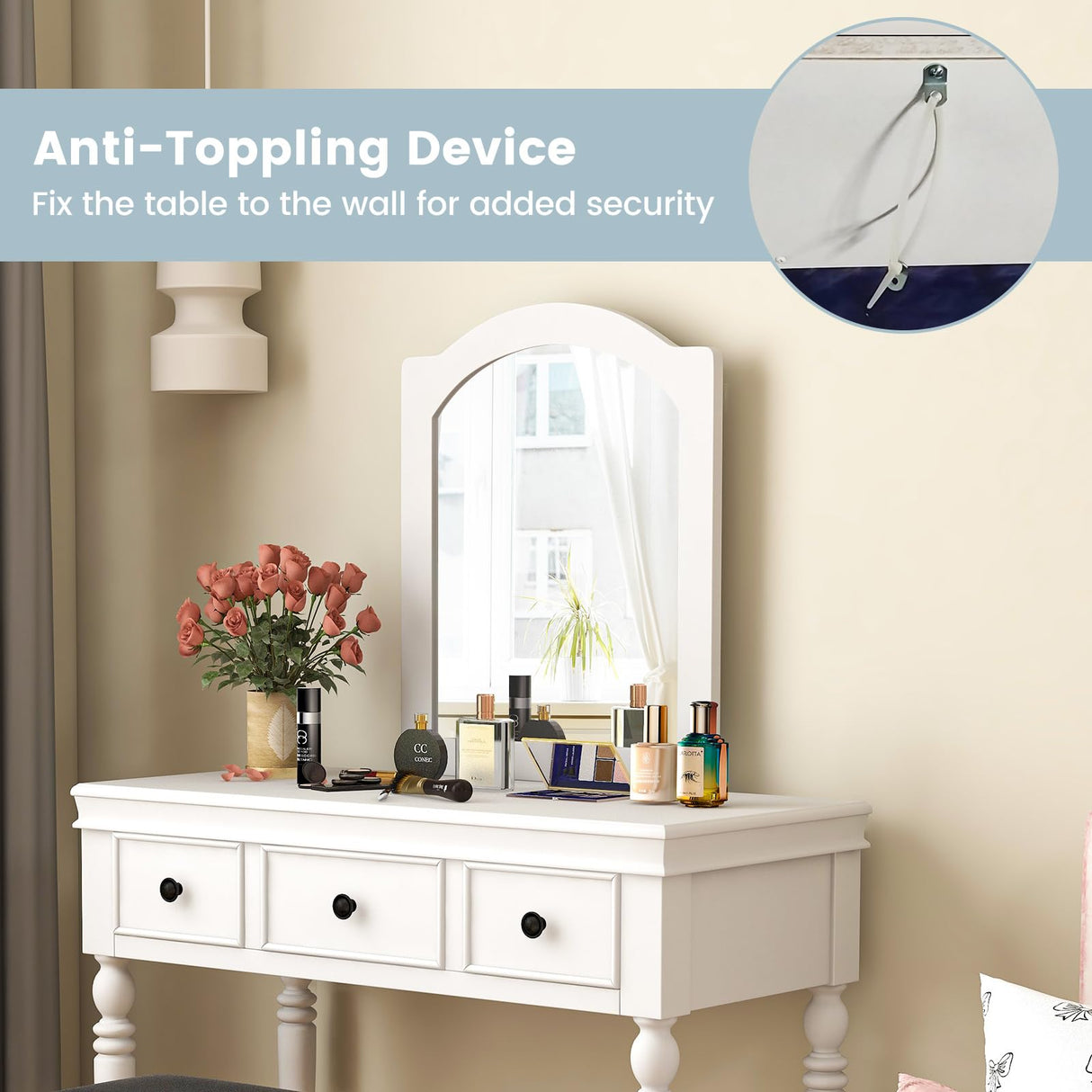 CHARMAID Makeup Vanity Desk with Mirror and Stool, 34'' Wide Vanity Table Set with Large Mirror, 3 Drawers, Cushioned Stool, Solid Wood Legs, Bedroom CHARMAID