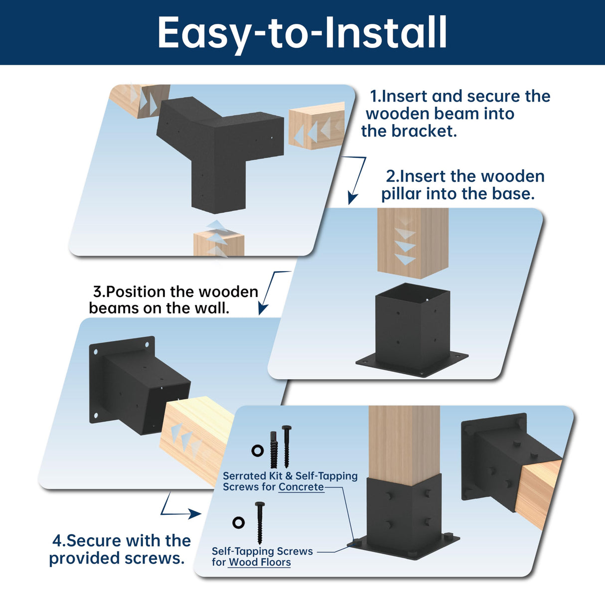Pergola Bracket Kit 4x4, Including 2 Wall Bases, 2 105 ° 3-Way and 2 Bases, Wall Mounted 15° Pitched Roof Mounting Kit for Shading Facilities Attached to Walls or Eaves MEWSDEN