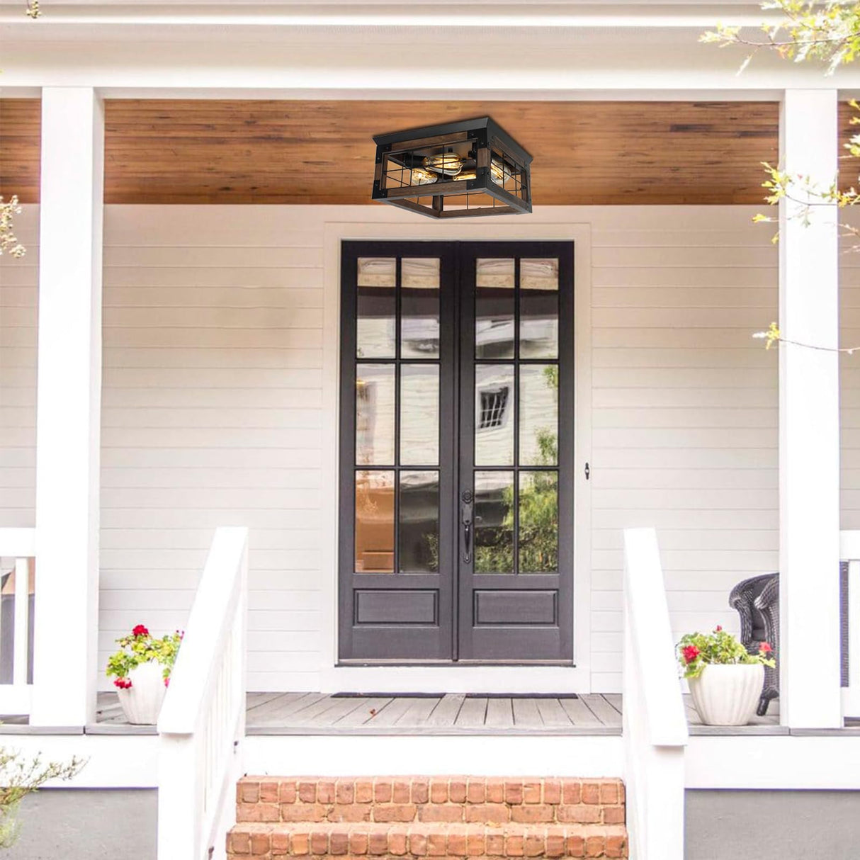 Farmhouse Flush Mount Ceiling Light, 4-Lights Rustic Wood Square Ceiling Light Fixture Kitchen Light Fixture, Farmhouse Light Fixtures for Dining Room Kitchen Livingroom Bedroom Porch JWLUYN