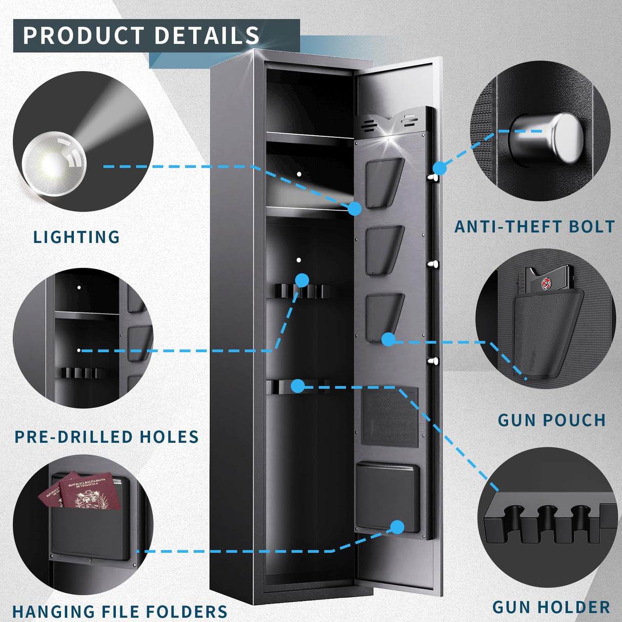 5-6 Gun Safe Cabinet for Rifles and Pistols With 3 Pistol Pouches and 2 Pockets for Home Security Quick Access via Biometric Lock No Assable Require Gun Safes with Adjustable Gun Rack for Shotguns AOJUFEO