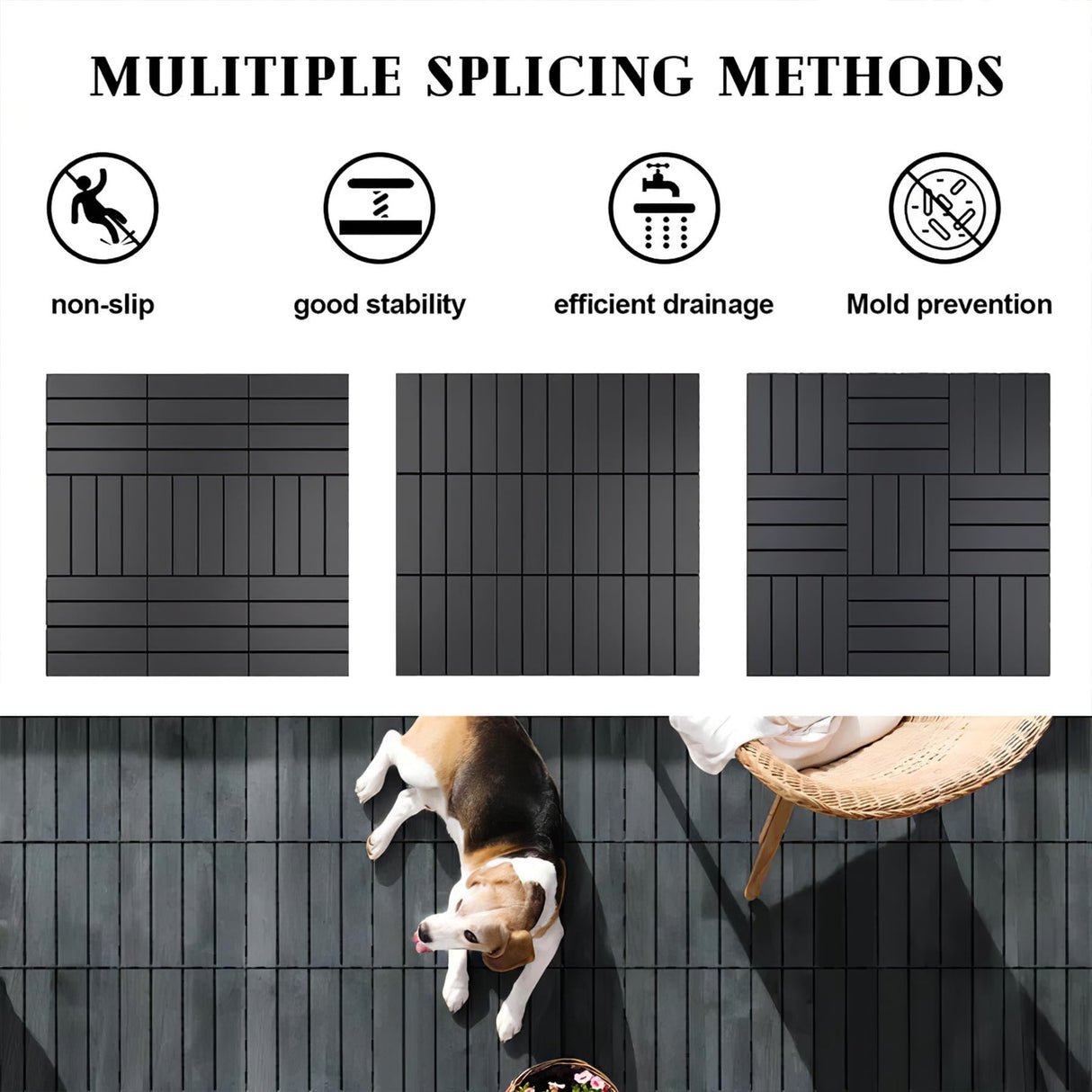 44 Pack Interlocking Deck Tiles, 12"x12"x0.8" Plastic Patio Flooring Outdoor Waterproof, All Weather Use for Balcony Porch Backyard Poolside(Dark Grey,Stripe) Xinghanzhenxuan