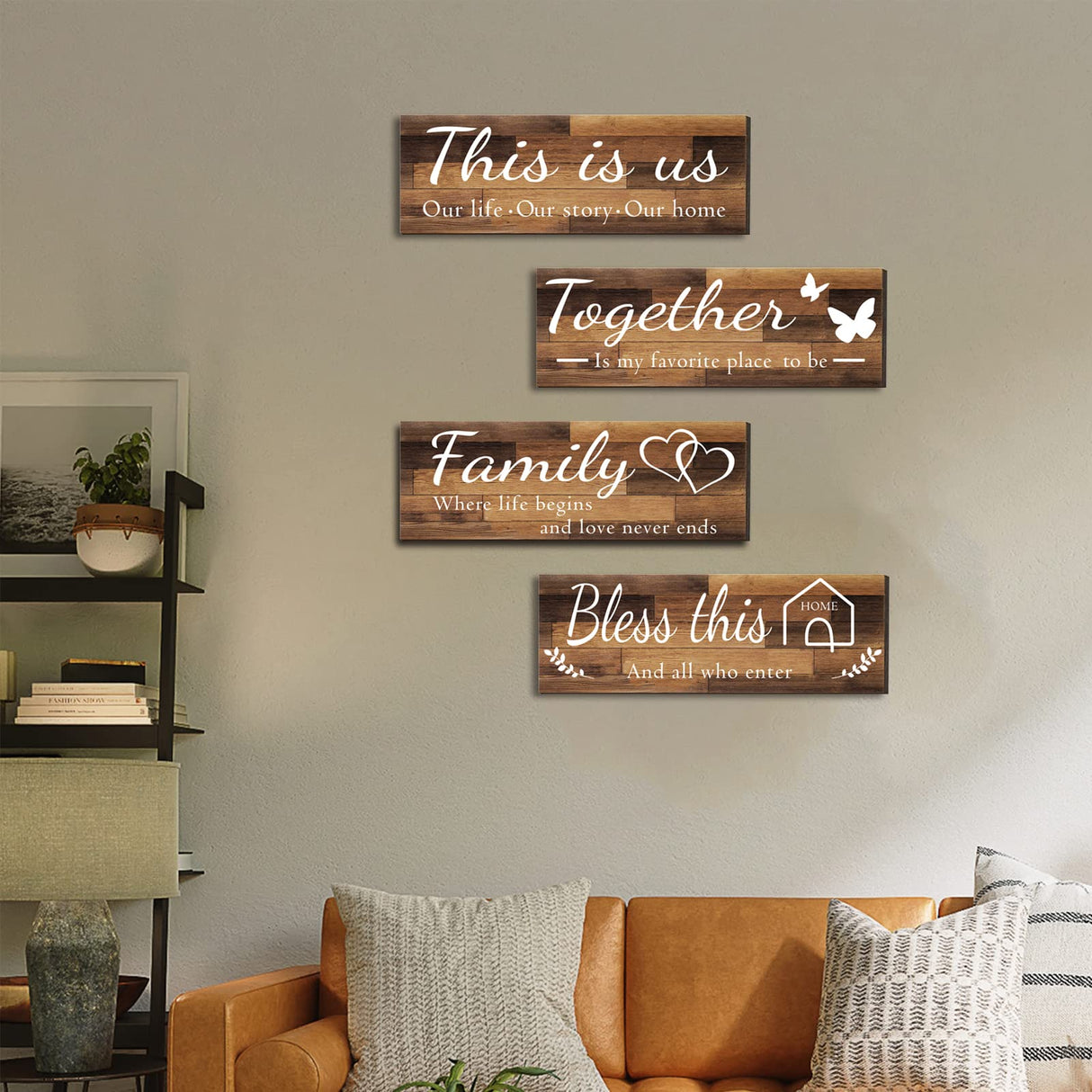 4 Pieces Home Wall Signs, THIS IS US/TOGETHER/BLESS THIS HOME/FAMILY Wall Decor For Living Room Bedroom, Rustic Wooden Farmhouse Wall Art , 4.7 x 13.8 Inch(Brown) Joyhawk