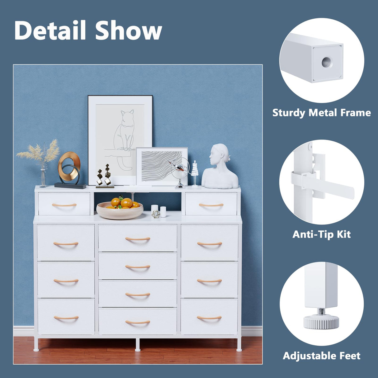 Furnulem White Dresser for Bedroom with LED Lights & Charging Station,47" Long Chests with 12 Fabric Storage Drawers,Wide Vanity Dressers Furniture for Closet,Entryway,2 Shelves Wood Top,Metal Frame Furnulem