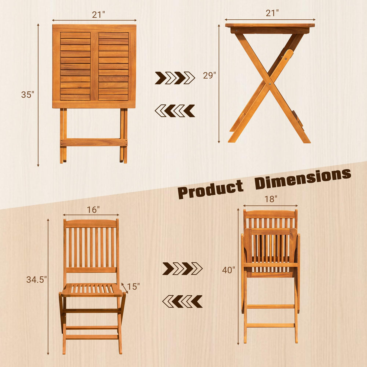 JUMMICO 3 Piece Folding Patio Chairs Outdoor Acacia Wood Bistro Set with Cushion Square Table and Chairs Porch Furniture for Balcony, Lawn, Deck JUMMICO