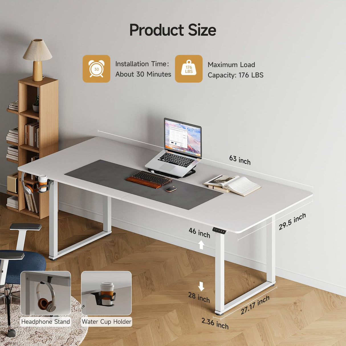 ONBRILL Standing Desk, 63x29.5 Inches Stand Up Desk with 4 Legs, Rectangle Desk with 2 Dual Motor & Memory Controller, Sit Stand Desk Adjustable Height from 28-46" for Computer Workstation, White ONBRILL