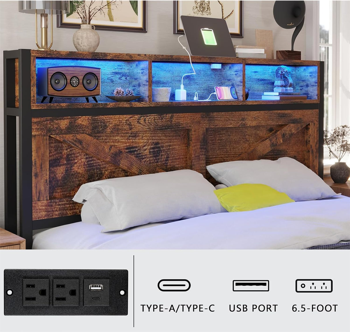 Farmhouse Full Bed Frame with Bookcase Headboard and Storage Drawers, LED Lights and Charging Station, No Box Spring Needed, Noise Free, Vintage Brown Fastroby