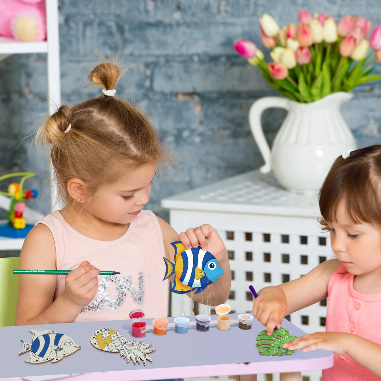 Silipull 24 Sets Summer Wind Chimes Craft for Kids Make Your Own Hawaiian Wind Chimes DIY Tropical Wooden Hanging Ornament for Kids Summer Hawaiian Party Outdoor Decoration Silipull