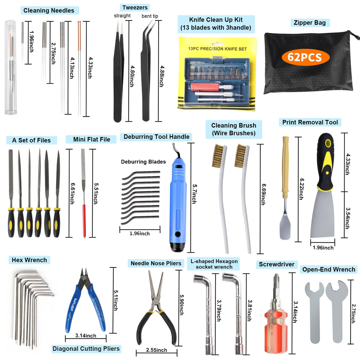 IdeaFormer-3D 62PCS 3D Printer Tools Kit,3D Printer Accessories Nozzle Cleaning Kit, Deburring, Removal Tools, Cutters, Wrench, Hobby Knife Set, Files, Screwdriver 3D Printing Tools 3D Print Tool Kit IdeaFormer-3D