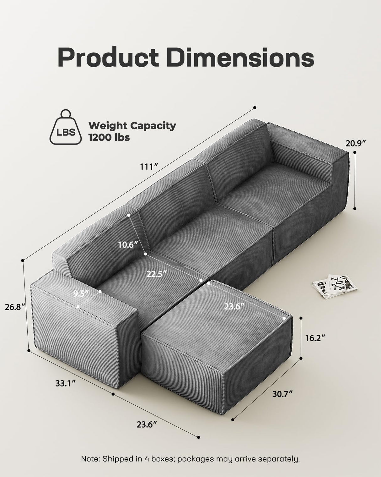 Marsail 111" L-Shape Sofa, Modular Cloud Couches with Deep Seats & High-Back, Corduroy Sectional Sofa for Living Room Bedroom with Ottoman, No Assembly Required, Grey Marsail