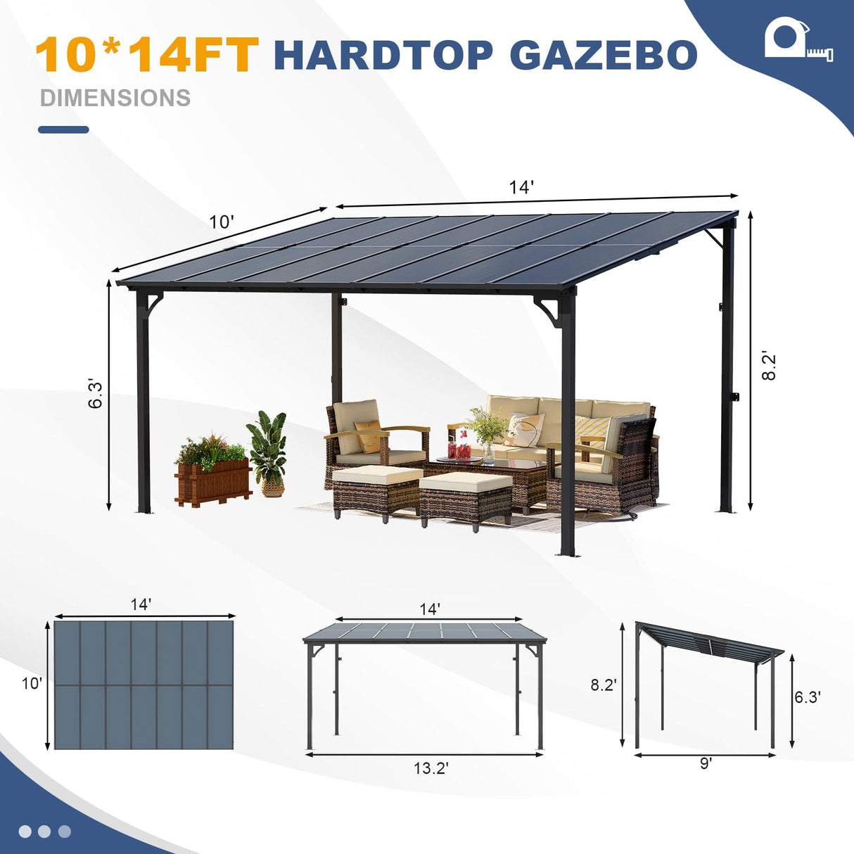 MEISSALIVVE 10' x 14' Pergola with Sloped Roof, Lean to Metal Awning for Outdoor Patio, Deck, Black MEISSALIVVE