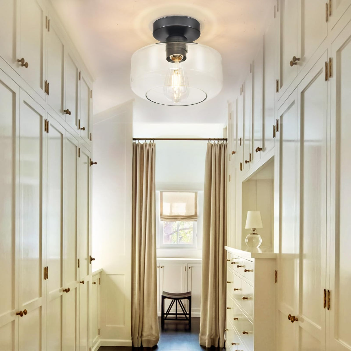 Industrial Semi Flush Mount Ceiling Light: Black Kitchen Lighting Fixtures Ceiling with Clear Glass - Vintage Hallway Light Fixtures E26 Bulb Included - 8.46” Light Fixtures Ceiling Mount for Foyer DINGLILIGHTING