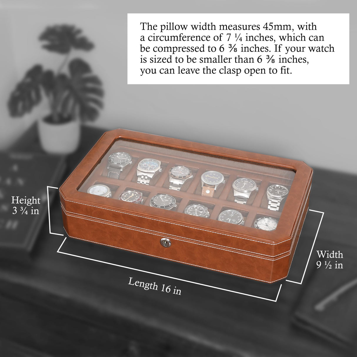 ROTHWELL 12 Slot Leather Watch Box - Luxury Watch Case Display Organizer, Microsuede Liner, Locking Mens Jewelry Watches Holder, Men's Storage Boxes Holder Large Glass Top (Tan/Brown) ROTHWELL