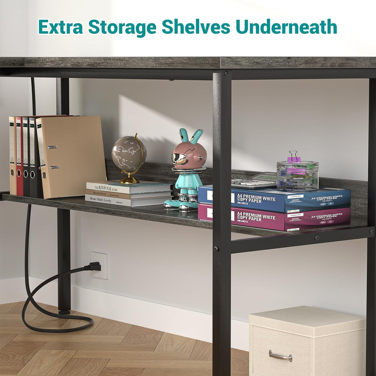 Hyomdeck Reversible L Shaped Gaming Desk with Power Outlets and USB Charging Ports, Sturdy Computer Desk with Storage Shelf, Modern Corner Desk Home Office Table, Easy to Assemble, Gray Oak Hyomdeck