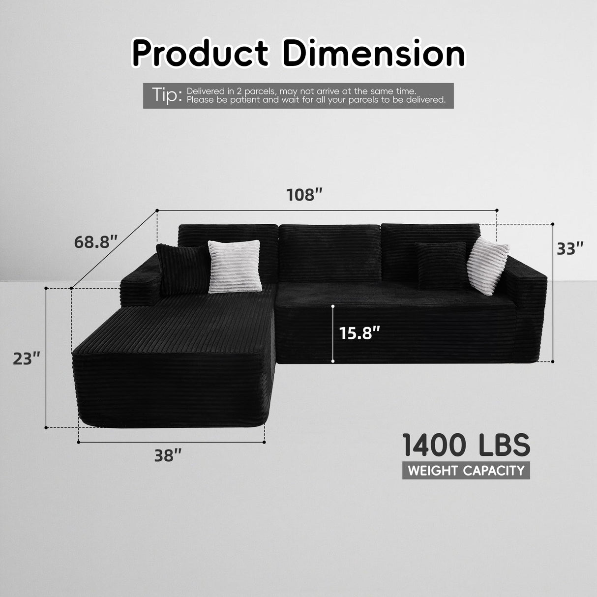 Opiesit 108" Boneless Couches for Living Room, Modular Sectional Sofa with Oversized Chaise, L-Shape Cloud Couch with Deep Seat, High-Density Memory Foam, No Assembly Required, Plush Corduroy Black Opiesit