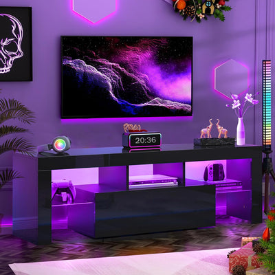 HOUAGI LED TV Stand for Televisions up to 55 Inchs,Modern Entertainment Center with Storage Drawer and Glass Shelf, TV Console Table for Living Room,Bedroom (Black, 50in)