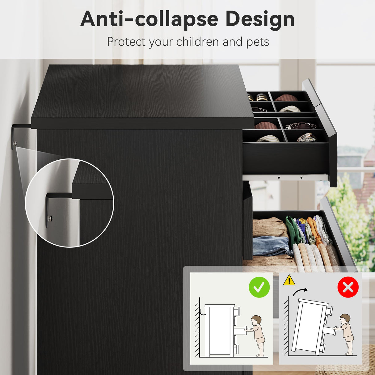 Black Tall 7 Drawer Dresser for Bedroom, Modern Wood Closet Dressers & Chests of Drawers with Jewelry Storage, 23.6" L*15.8" W*47.5" H in Large Vertical Dresser for Bedroom, Living Room, Nursery Jocoevol