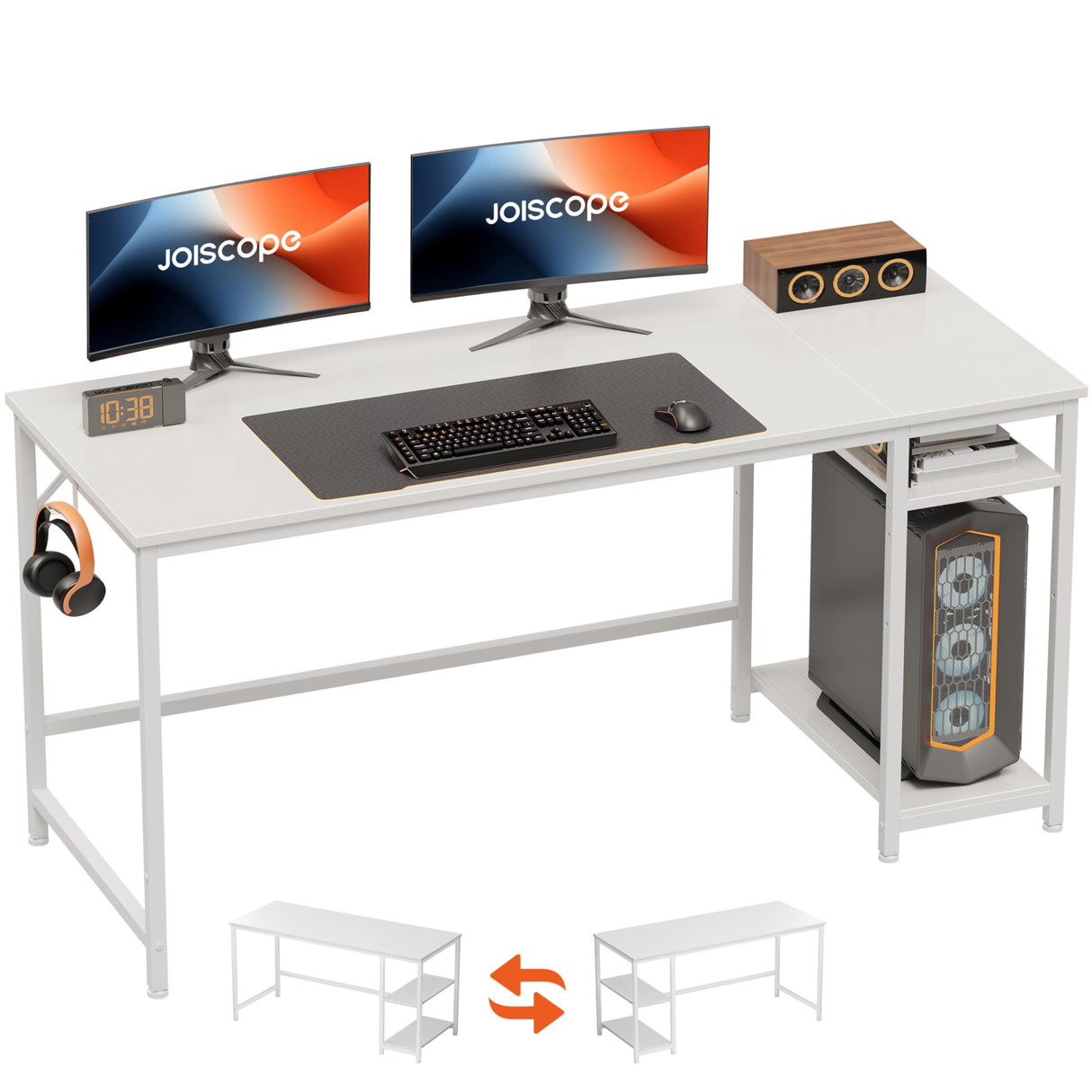 JOISCOPE Home Office Desk with Double Reversible Side Shelves and Headphone Hooks, Computer Desk for Working, Gaming, Studying, 60 inches, White JOISCOPE