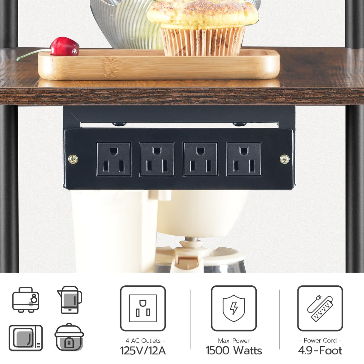 HOOBRO Rustic 5-Tier Kitchen Bakers Rack with Power Outlet and 4 Hooks HOOBRO