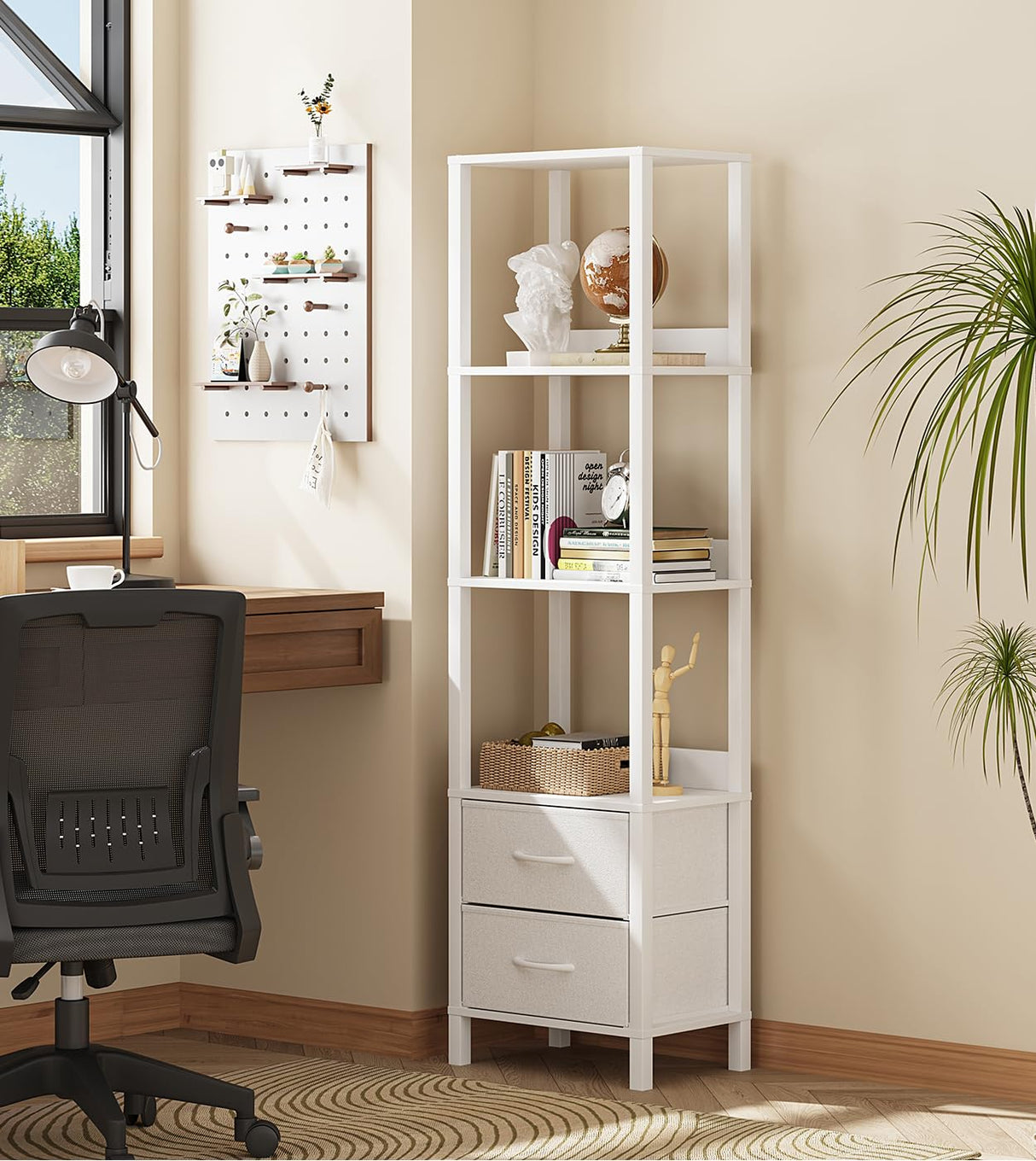 VIMBER Tall Bookshelf with Drawers, 6-Tier Bookcase for Books, Garage Kit, CDs, Movies, Modern Standing Bookshelves Storage Organizer for Bedroom Office Living Room White USSJ002W VIMBER