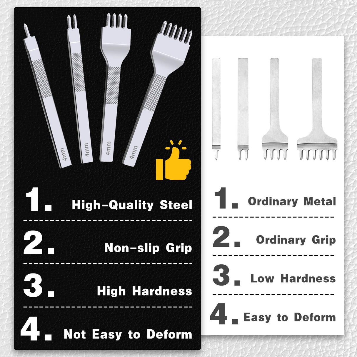 Leather Stitching Punch Leather Hole Punch Tool Set, 4mm 1/2/4/6 Prong Punch Leather Chisel, Round Leather Hole Punch for Leather Belt, Watch Band, Leather Strap DIY Leather Crafts MORFEN