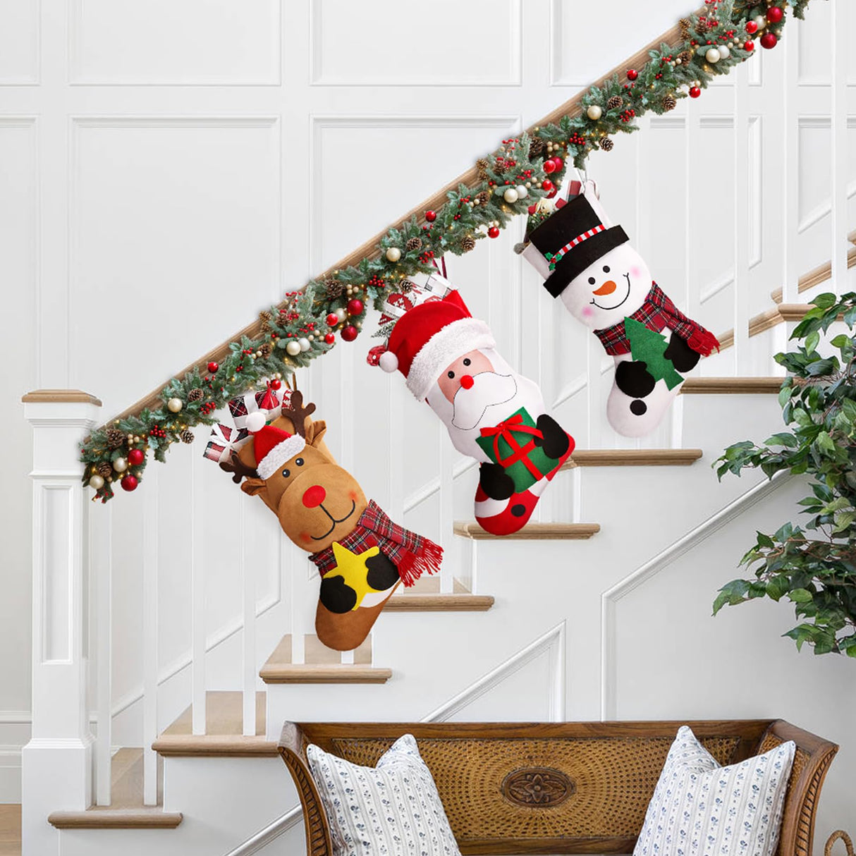 EverMerry Christmas Stockings, 3 PCS 18 Inches Classic Personalized Stockings for Fireplace Xmas Decoration, Large Santa, Snowman, Reindeer Stockings for Holiday Christmas Party EverMerry